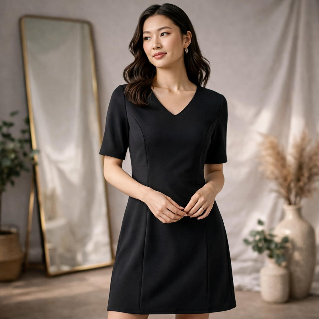 Black v-neck siena extended dress with short sleeves and tailored fit perfect for workwear uniforms