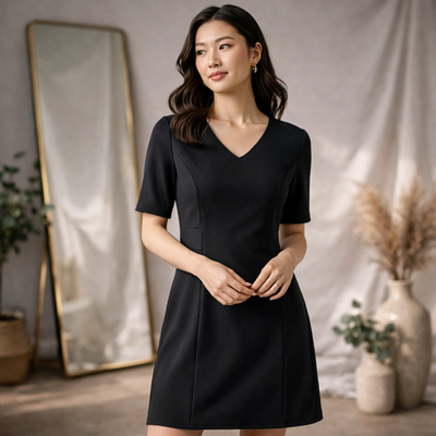 Black v-neck siena extended dress with short sleeves and tailored fit perfect for workwear uniforms