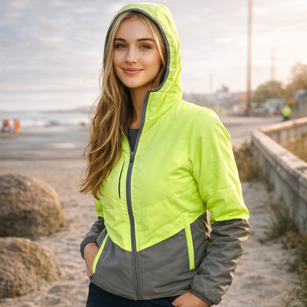 HiVis hooded puffer jacket in bright neon green and gray with quilted design perfect for workwear and uniforms