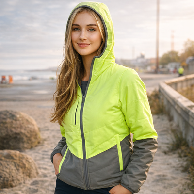 HiVis hooded puffer jacket in bright neon green and gray with quilted design perfect for workwear and uniforms