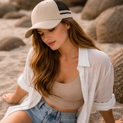 Beige and black american premium striped trucker cap with white stripes on brim perfect for workwear uniforms