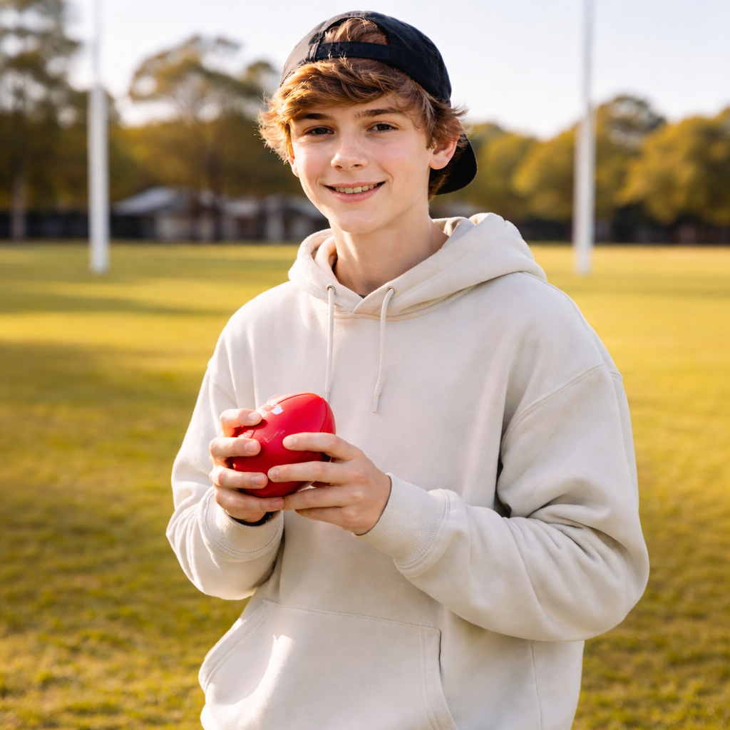 Red heart-shaped custom aussie rules stress ball held in hands ideal for workwear and uniforms relaxation