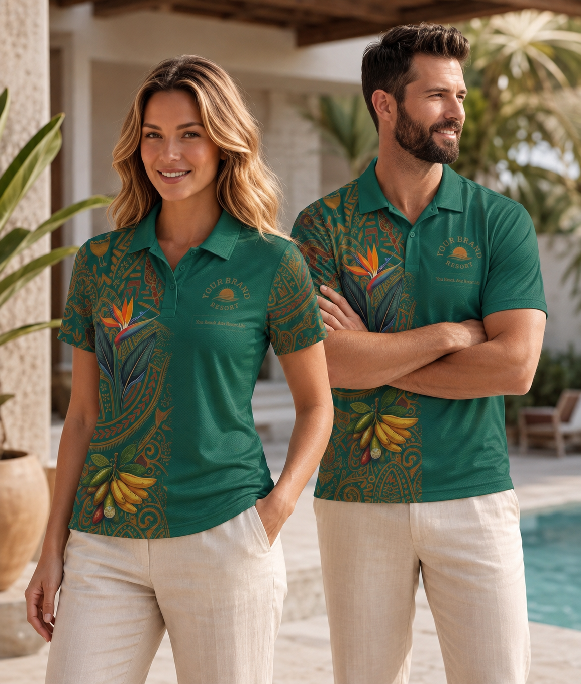 A man and a woman wearing matching green polo shirts with tropical bird-of-paradise and mandala prints, standing in a sunny outdoor resort setting with a pool and palm trees in the background.
