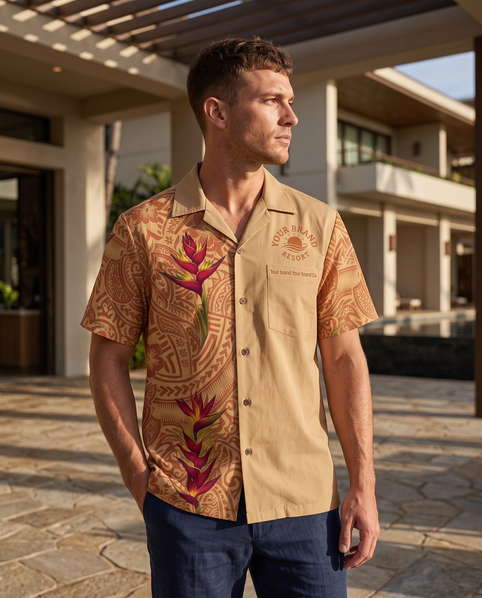 A man wearing a tan short-sleeve button-up camp shirt with brown tribal-style patterns and red tropical floral prints, standing outdoors in front of a modern building.