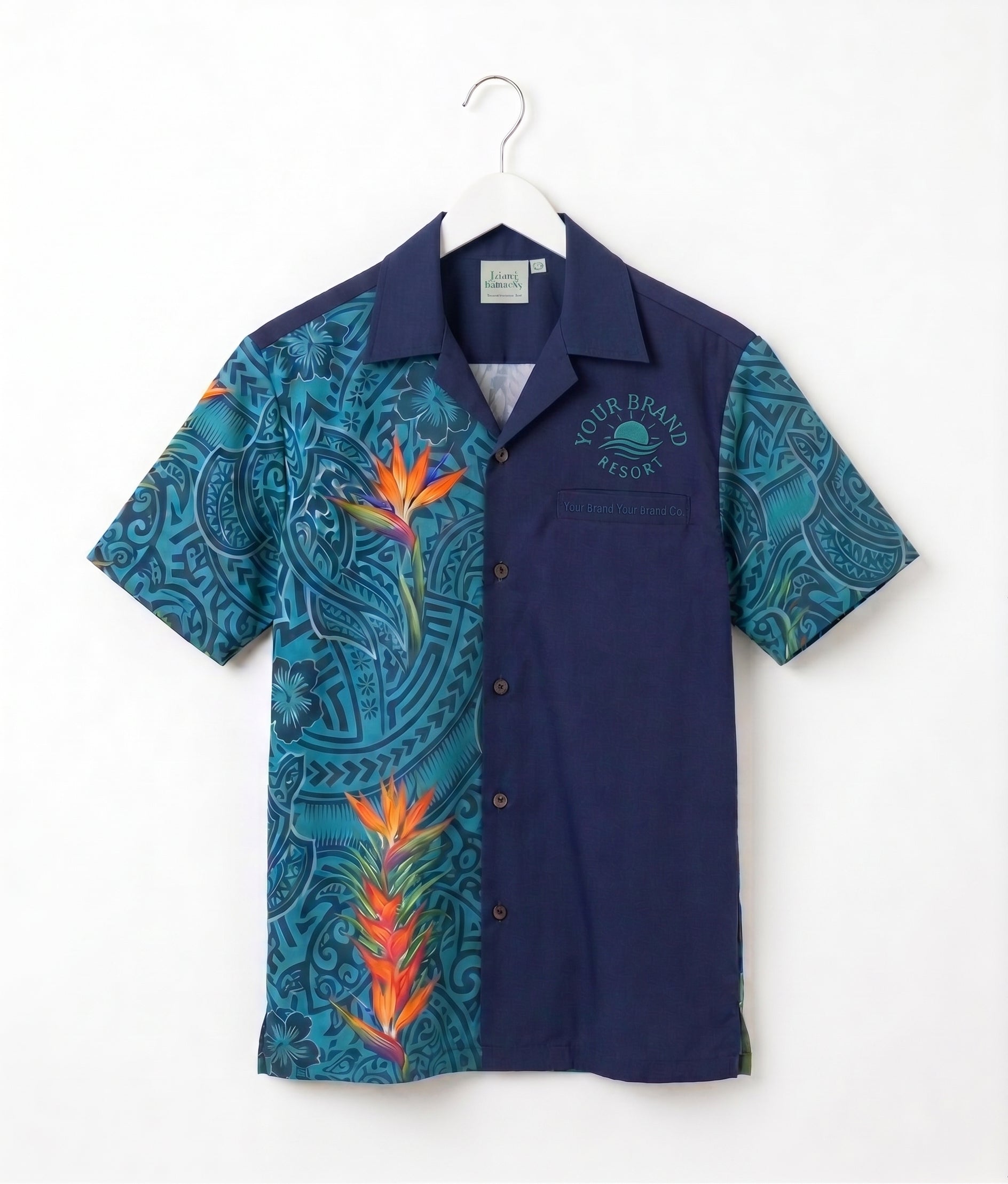 A short-sleeve camp collar button-up shirt hanging on a white hanger against a white background. The shirt features a split design: one half is solid navy blue with a chest logo reading 'YOUR BRAND EST.