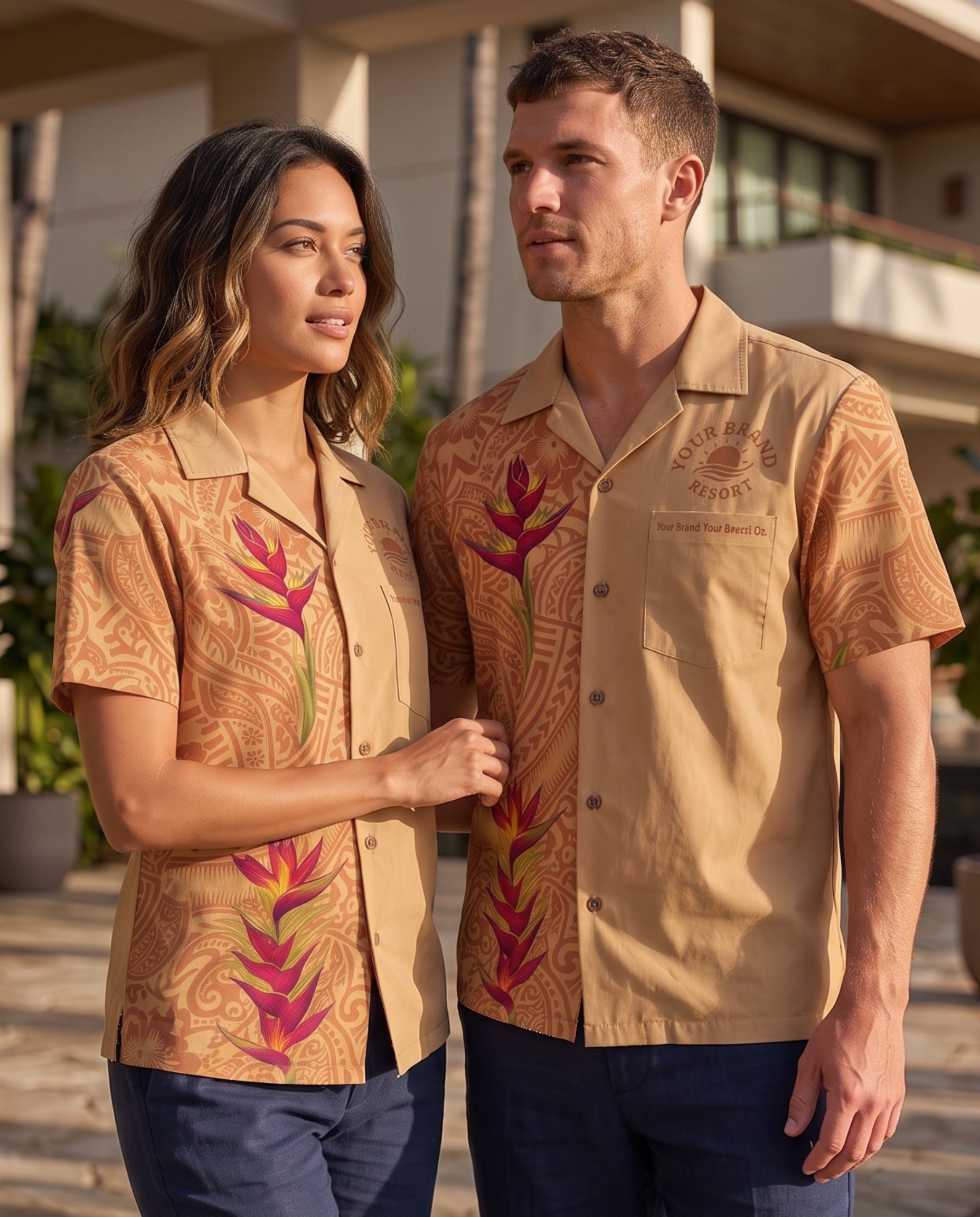 A man and a woman wearing matching tan short-sleeve camp-collar shirts with brown tribal-style patterns and large pink tropical floral prints, standing outdoors in front of a modern building.