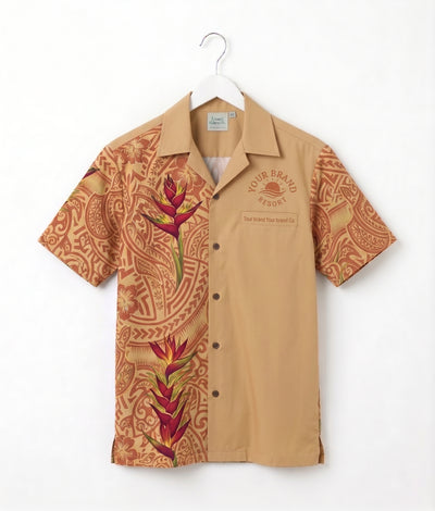 A short-sleeve button-up camp shirt hanging on a white hanger against a white background. The shirt features a split design: one side is solid tan with a small chest graphic reading 'YOUR BRAND FASHION', while the other side has a brown tribal pattern overlay with large red and green tropical flower prints.