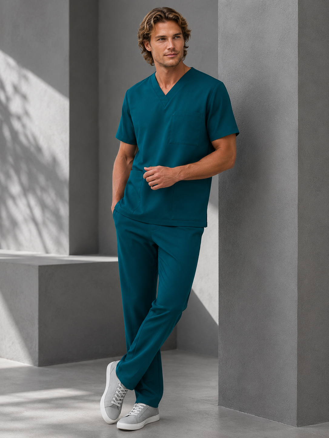 A man wearing a matching teal V-neck scrub top and scrub pants stands in a modern gray architectural setting with concrete pillars and soft natural shadows.