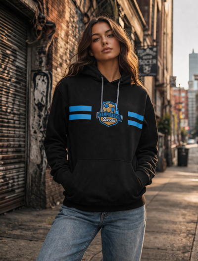 Black champion soccer custom stripe hoodie with blue stripes and soccer ball logo perfect for work uniforms and workwear