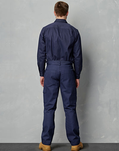 Navy blue heavy drill workwear coverall with cargo pockets button-up collar ideal for durable work uniforms