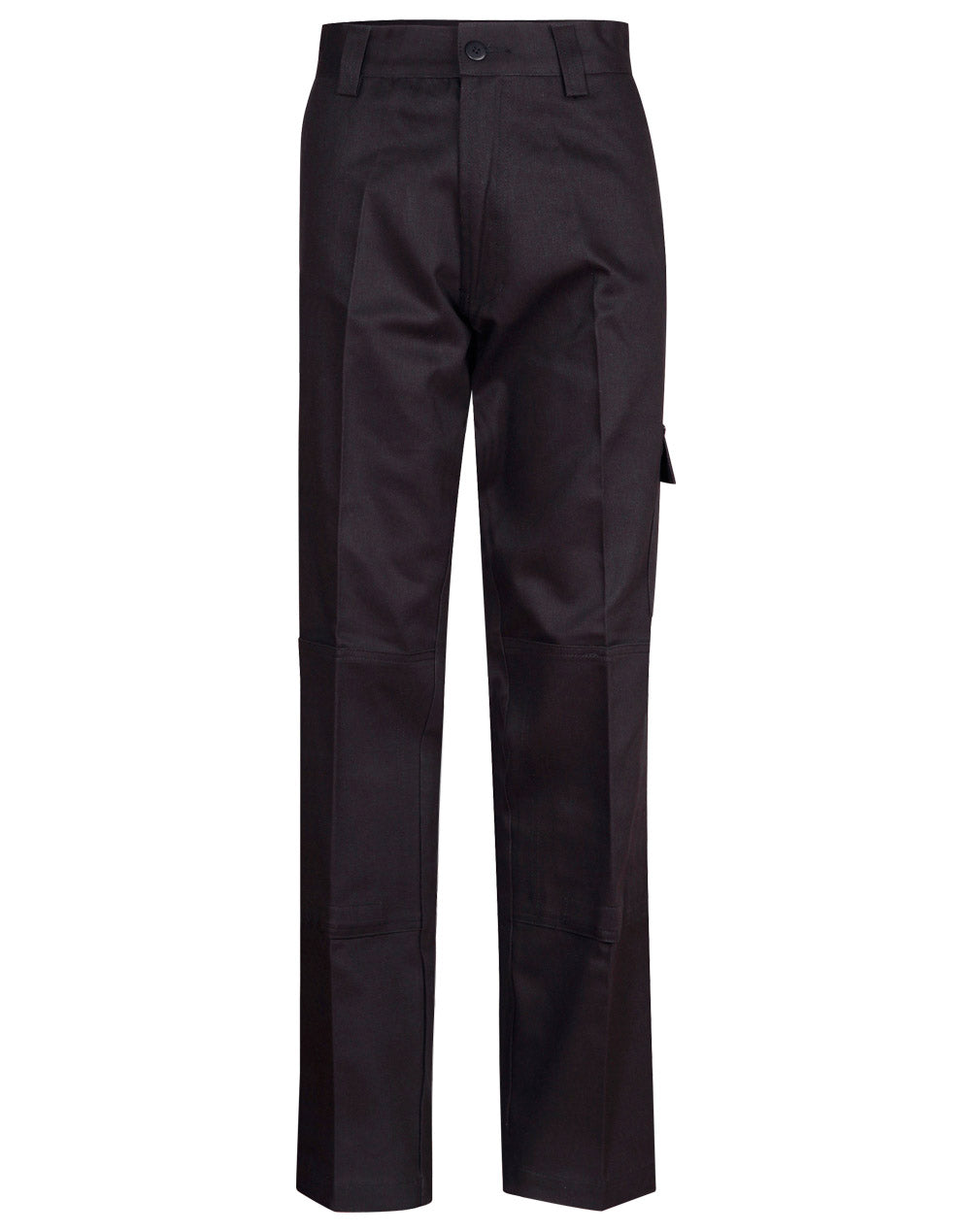 Black heavy drill cargo pants with knee pads and reinforced stitching ideal for workwear and durable work uniforms