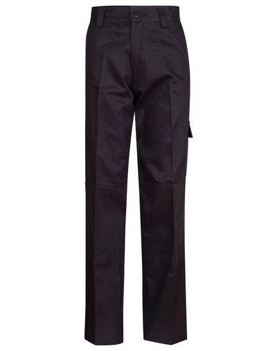 Black heavy drill cargo pants with knee pads and reinforced stitching ideal for workwear and durable work uniforms