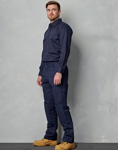 Navy blue heavy drill cargo pants with knee pads and matching shirt workwear uniform for tough work conditions