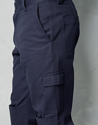Dark navy heavy drill cargo pants with knee pads multiple pockets and reinforced stitching ideal for workwear uniforms