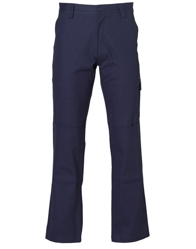 Dark navy blue heavy drill cargo pants with reinforced knee pads and multiple pockets ideal for workwear uniforms