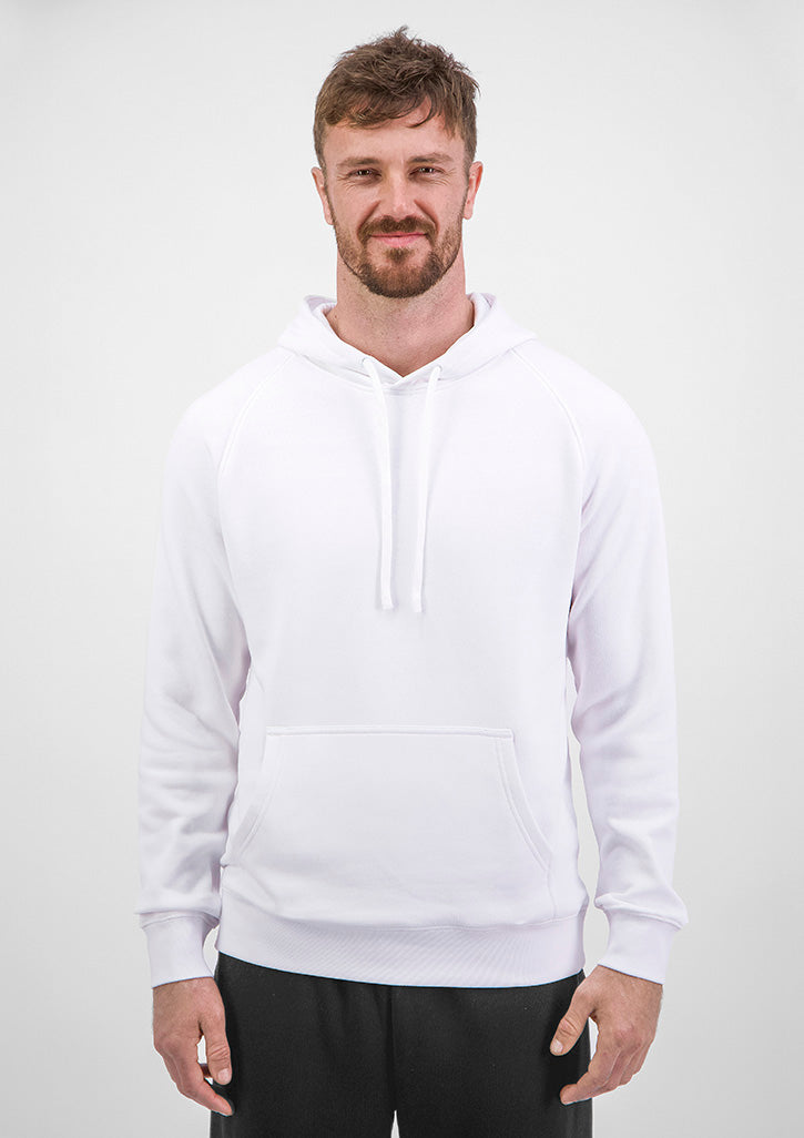 Man wearing a white hoodie against a plain background