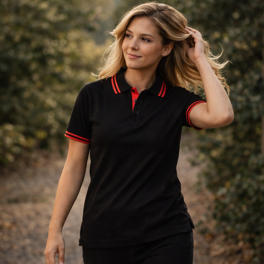 Black kids kew polo shirt with red collar and sleeve trim perfect for kids uniforms and workwear