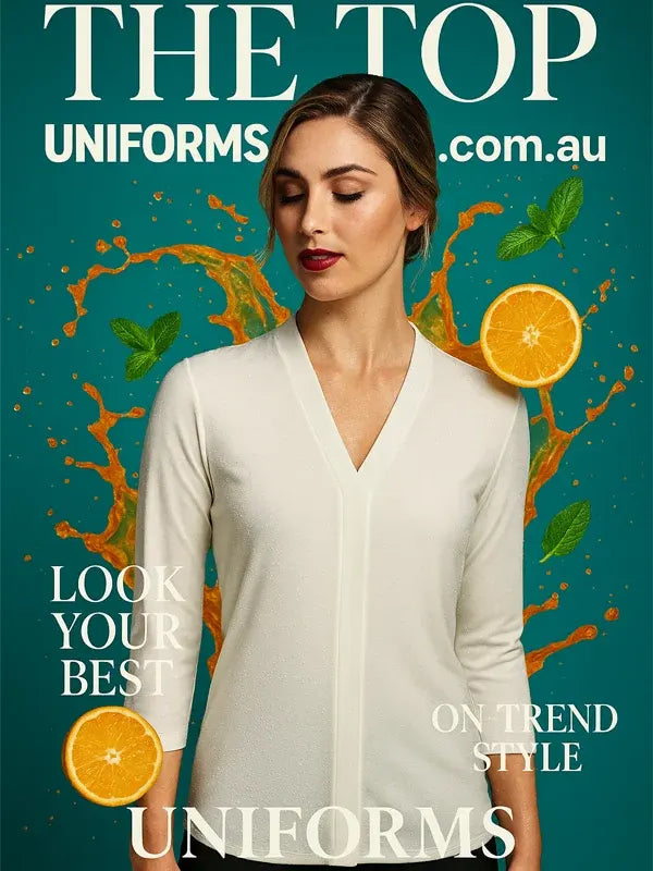 Woman wearing patterned blouse in Australia for promotional uniforms and branded apparel campaign