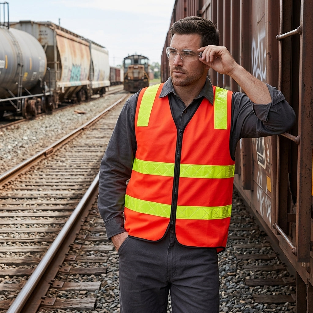 A man wearing a bright orange high-visibility safety vest with reflective yellow-green stripes stands on railroad tracks next to a train car, with other trains and tracks in the background.
