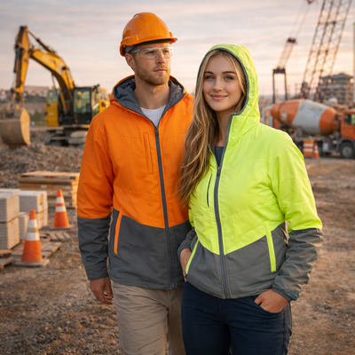 Hi vis hooded puffer jackets in orange and neon yellow with gray accents perfect for workwear and safety uniforms