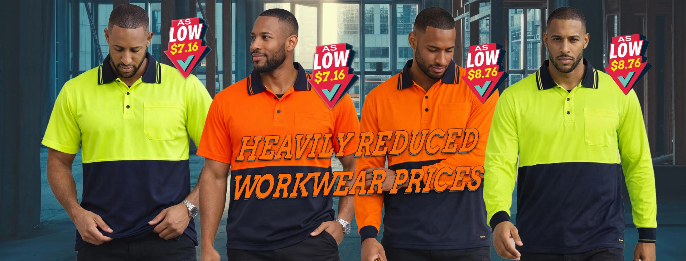Four men wearing high visibility workwear uniforms in Australia with promotional sale advertising text overlay