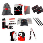 Custom promotional gift set with black and red raid tactical gear and mesh bag ideal for workwear and uniforms