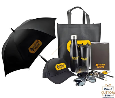 Black umbrella with yellow marshall trading logo perfect for work uniforms and custom promotional gift sets