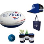 White rugby ball with red and blue branding from custom promotional gift set great for uniforms and workwear giveaways