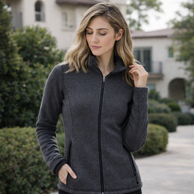 Ladies heather bonded fleece jacket in dark gray with full zip and side pockets perfect for work uniforms and workwear