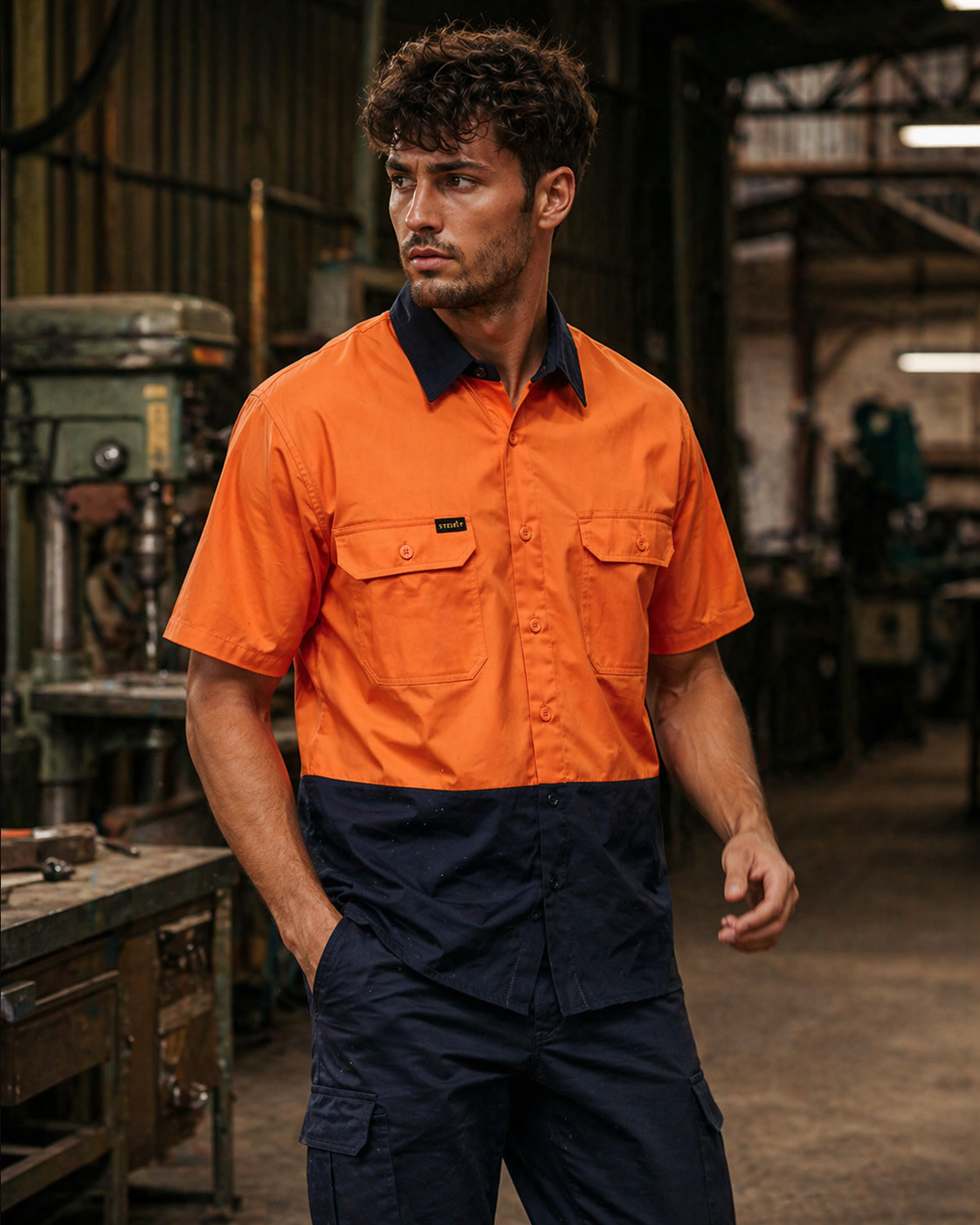 Orange and navy blue hi vis cotton short sleeve work shirt with two chest pockets ideal for work uniforms and workwear