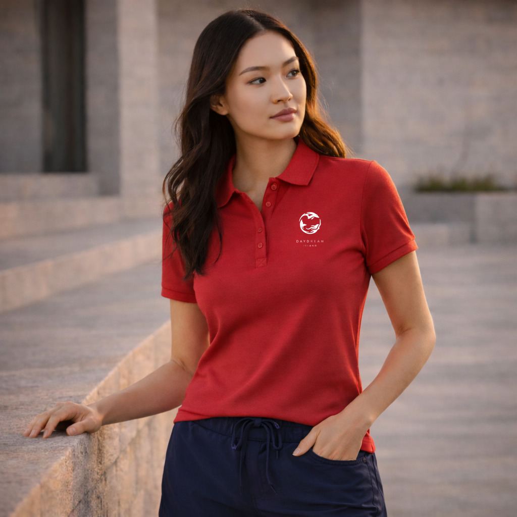 Red ACTIVITIES Ladies EMB-W polo shirt with white logo on chest