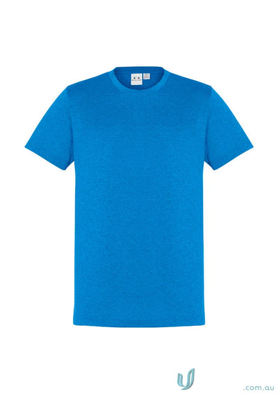 Blue short-sleeved Aero Tee made with t800ms fabric that resists shrinking
