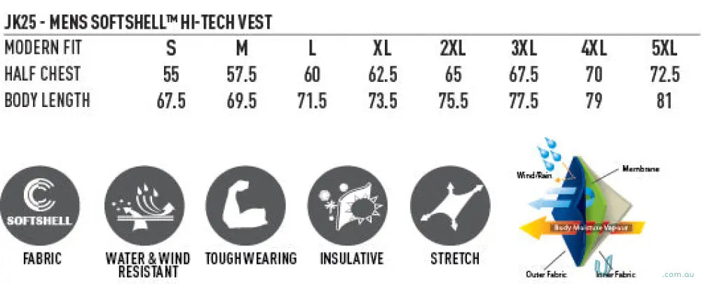 Mens softshell vest sizing chart and fabric info with 4-way stretch for workwear uniforms