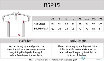 Aidacare EMBx2 Polo size chart for workwear and uniforms polo shirts