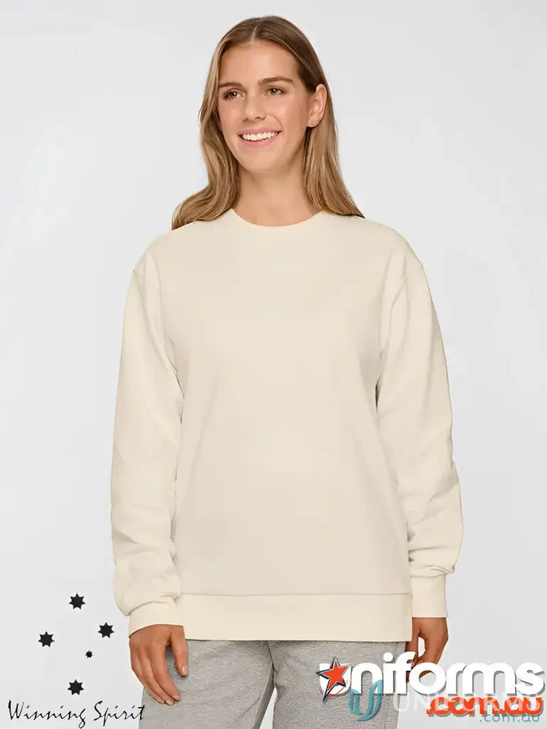 Cream-colored soft cotton crewneck sweatshirt with ribbed cuffs and hem perfect for workwear and uniforms