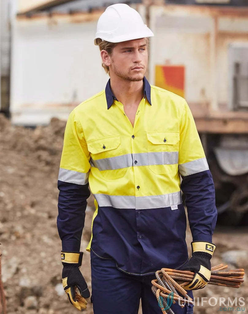 Winning Spirit SW60 AIW Cool-Breeze LS Safety Shirts in Fluoro Yellow/Navy front product image