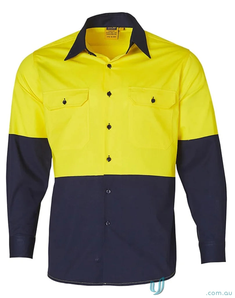Winning Spirit SW58 AIW HiVis Cool-Breeze LS Cotton Work Shirt in Fluoro Yellow/Navy