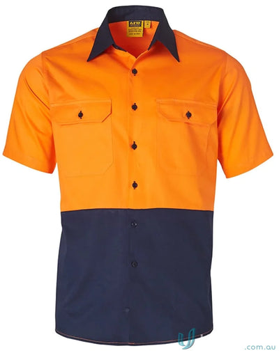 Winning Spirit SW57 AIW HiVis Cool-Breeze SS Cotton Work Shirt in Fluoro Orange/Navy