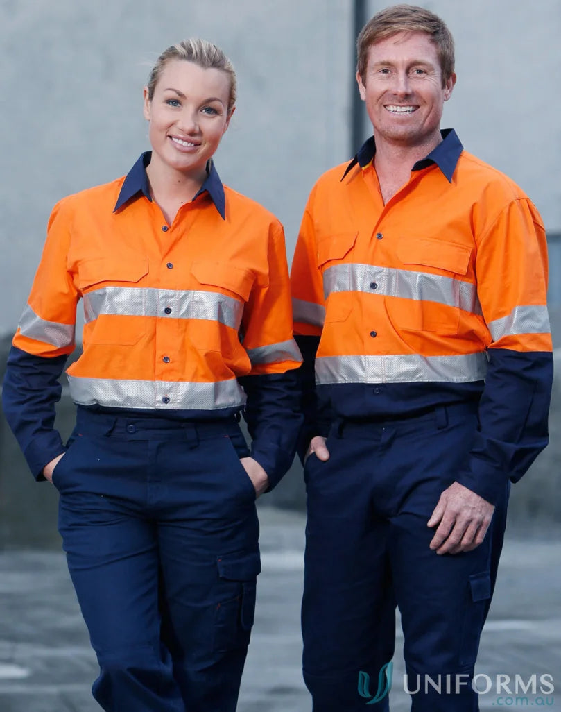 Winning Spirit SW69 AIW HiVis Rip-Stop LS Shirt 3M Tape in Fluoro Orange/Navy front product image
