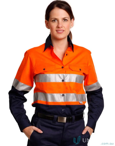 Winning Spirit SW65 AIW Ladies HiVis Taped Cool-Breeze Twill Shirt in Fluoro Orange/Navy front product image