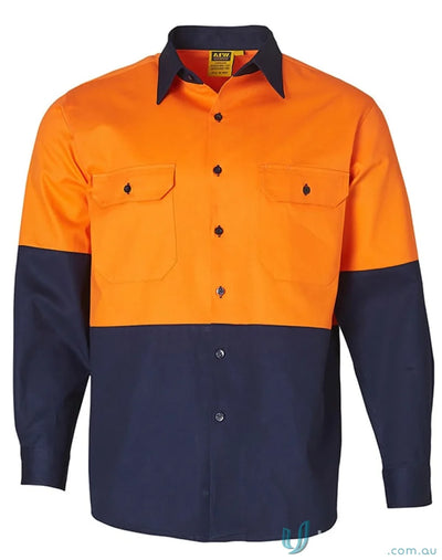 Winning Spirit SW54 AIW Safety Cotton Drill L/S Shirt in Fluoro Orange/Navy