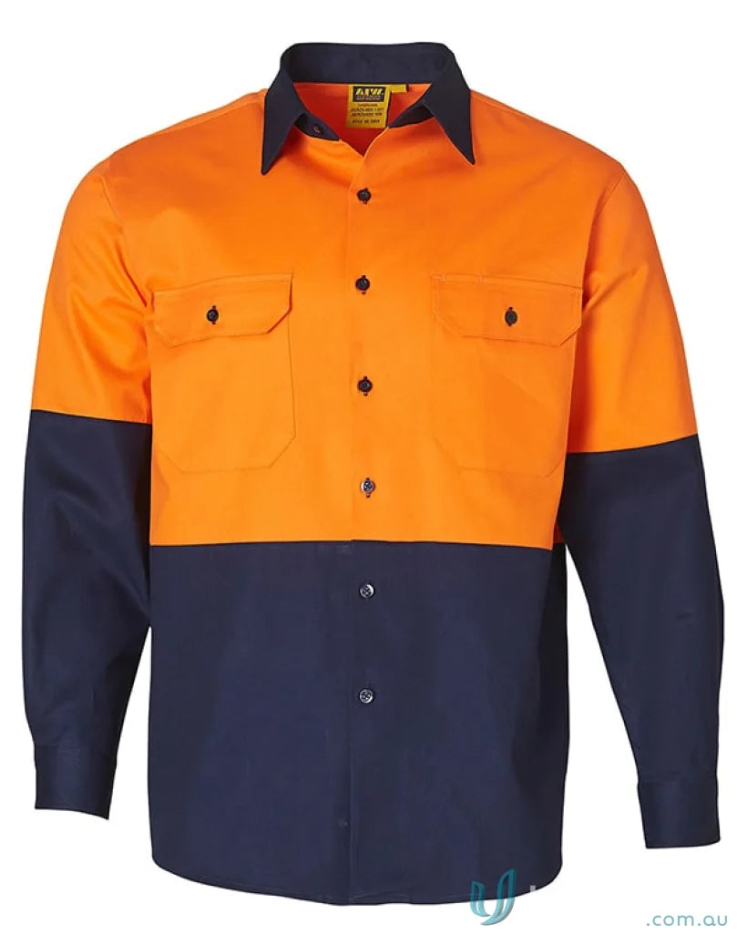 Winning Spirit SW54 AIW Safety Cotton Drill L/S Shirt in Fluoro Orange/Navy