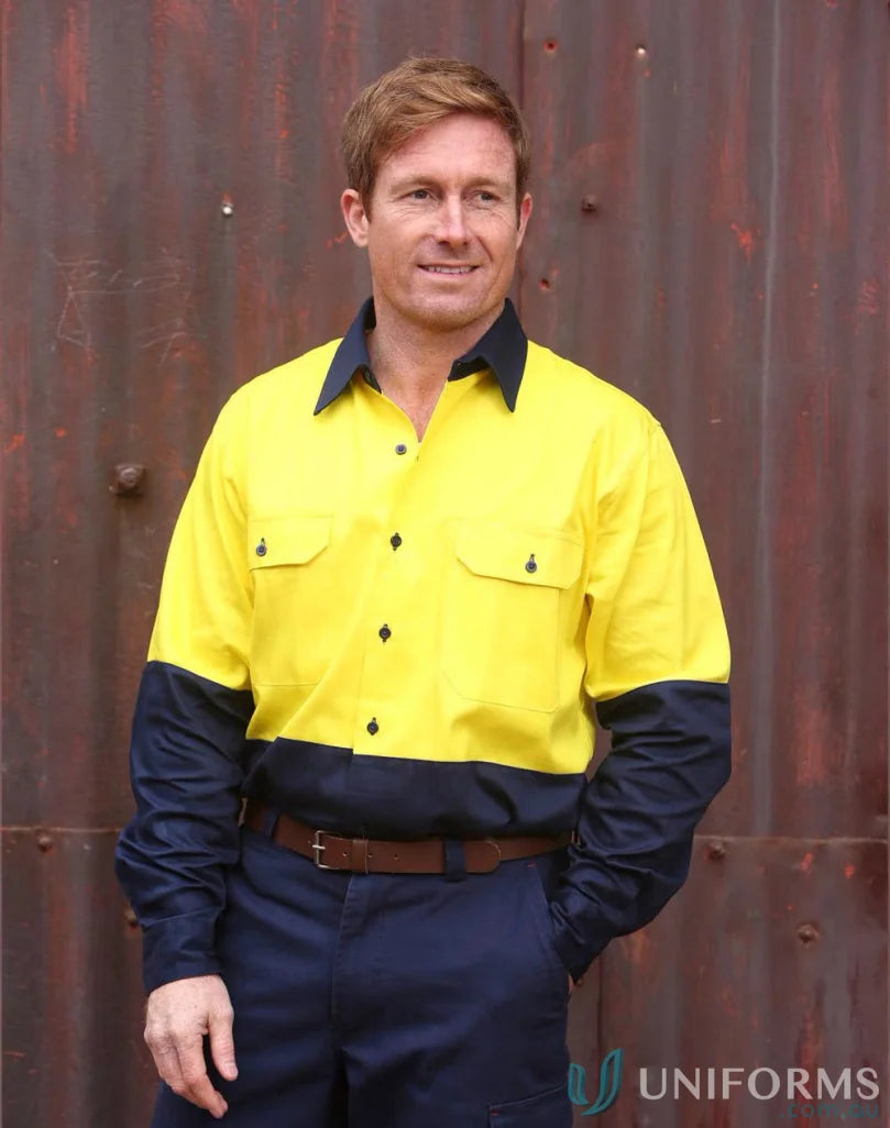 Winning Spirit SW54 AIW Safety Cotton Drill L/S Shirt in Fluoro Yellow/Navy front product image