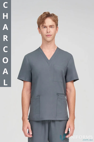 Charcoal-colored Alex Scrub Top from collection Alex Scrub with secure zip pocket for allied health workers