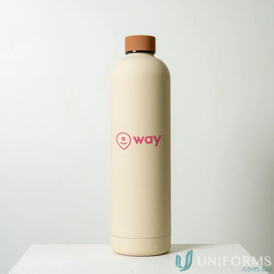 Beige stainless steel Allegra 1L insulated bottle with brown cap fits car cup holders