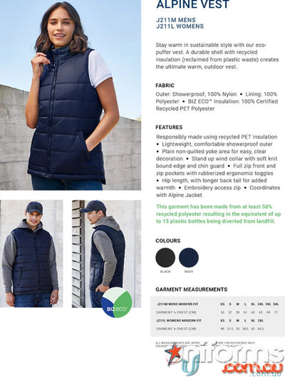 Alpine Ladies Puffer Vest from biz collection women’s alpine vest made with recycled pet polyester