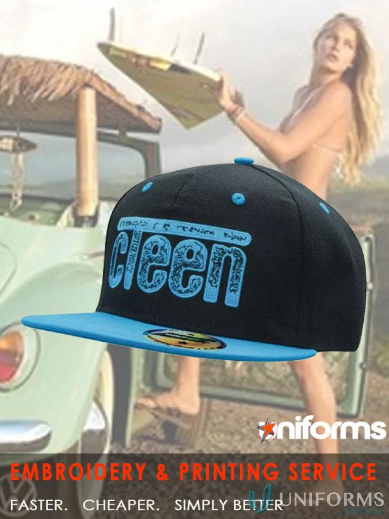 Black and blue baseball cap from American Twill Snapback, perfect for workwear or uniforms