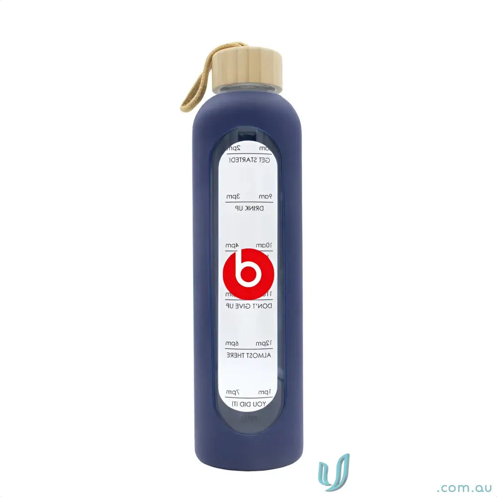 Blue borosilicate glass water bottle with motivational text and silicone sleeve