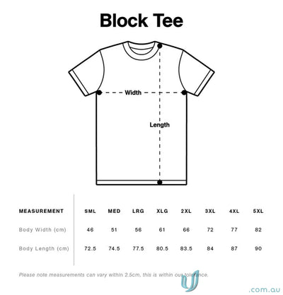 AS Block Tee size chart for work uniforms and workwear fit and sizing info