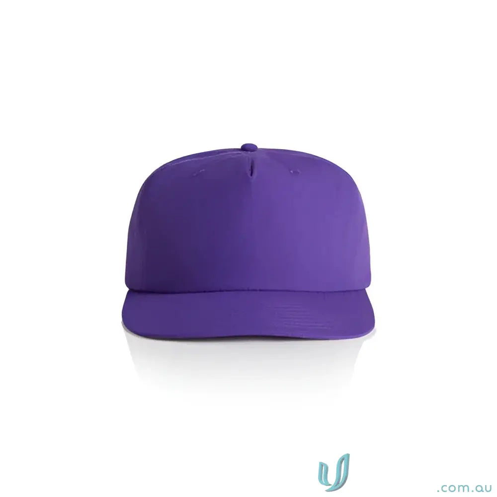 Solid purple recycled nylon surf cap with flat brim and plastic snapback for versatile wear
